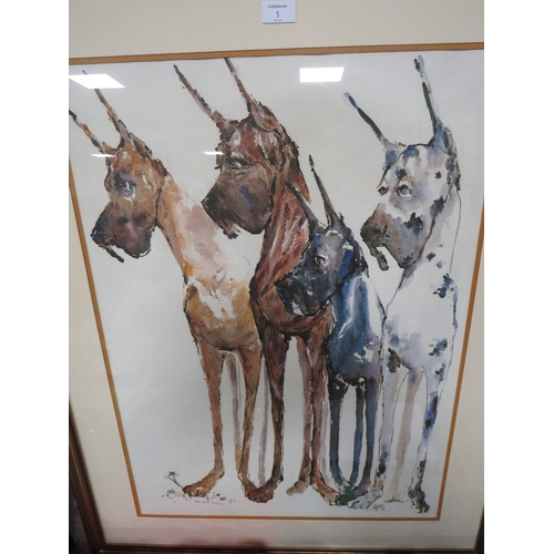 1 - A LARGE FRAMED AND GLAZED PRINT DEPICTING FOUR GREAT DANE DOGS 74 X 54.5 CM