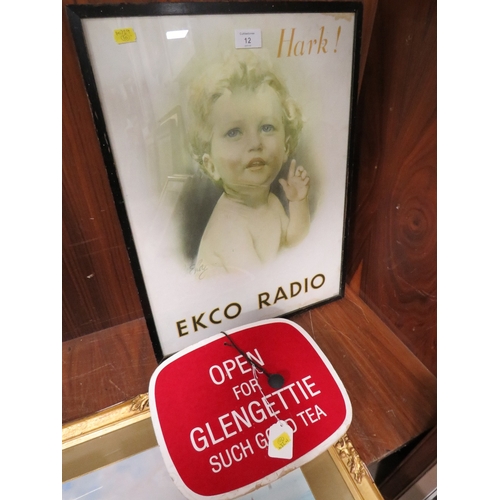 12 - A VINTAGE FRAMED ADVERTISING PRINT FOR EKCO RADIO TOGETHER WITH A VINTAGE CARDBOARD SIGN FOR GLENGET... 