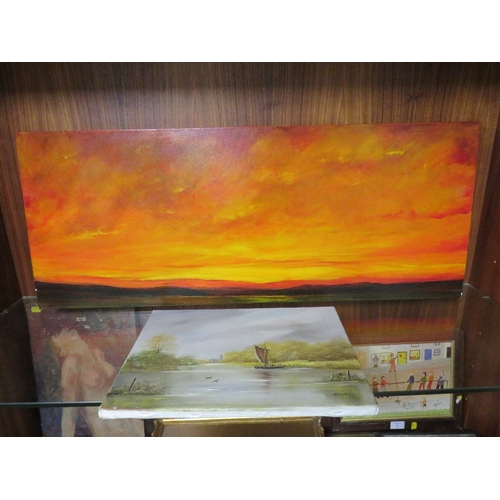 2 - AN ABSTRACT OIL ON CANVAS OF A SUNSET TOGETHER WITH A SMALLER CANVAS OF A RIVER LANDSCAPE SIGNED H. ... 