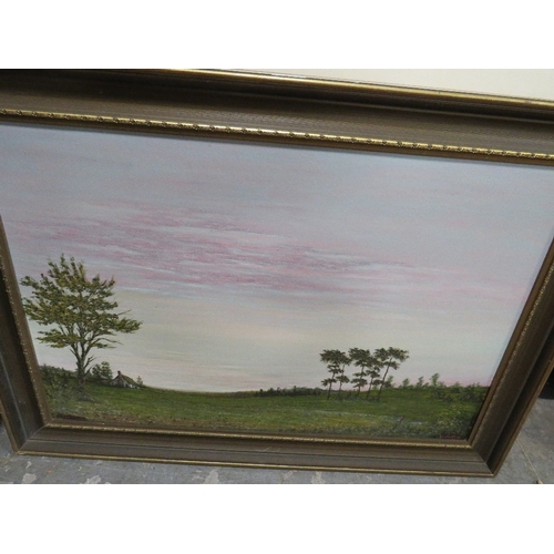 24 - A LARGE FRAMED OIL ON CANVAS LANDSCAPE TOGETHER WITH A LARGE WATERCOLOUR