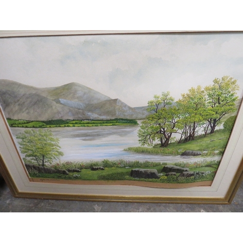 24 - A LARGE FRAMED OIL ON CANVAS LANDSCAPE TOGETHER WITH A LARGE WATERCOLOUR