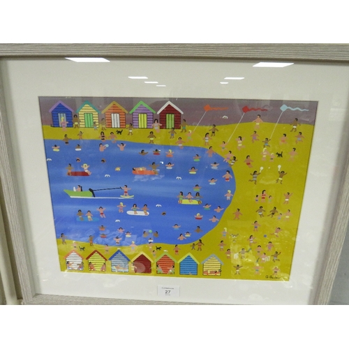 27 - A FRAMED AND GLAZED PAINTING BY GORDON BARKER OF BEACH HUTS AND THE BEACH, SIGNED LOWER RIGHT