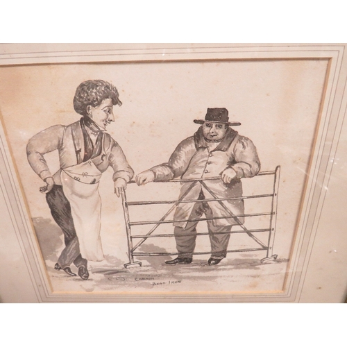 29 - A 19TH CENTURY SEPIA WATERCOLOUR OF TWO FIGURES CONVERSING AT A GATE, 24.5 X 27 CM