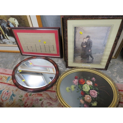 31 - A QUANTITY OF ASSORTED PICTURES AND P[PRINTS TO INCLUDE AN OVAL MIRROR (8)