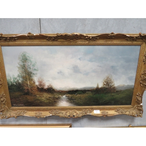 32 - AN OIL ON CANVAS DEPICTING A COUNTRY LANDSCAPE SIGNED LOWER LEFT, 40 X 80 CM