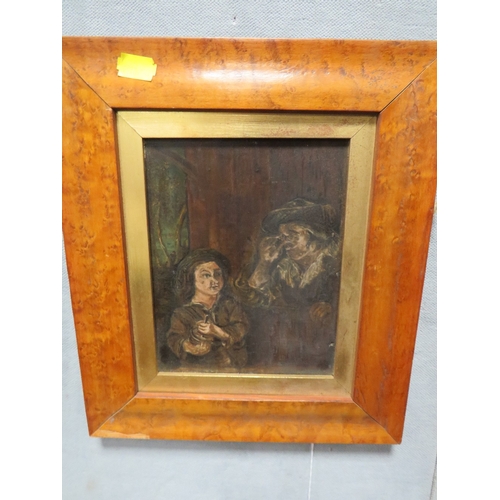 35 - (XIX). Continental school, naive study of a man and boy, the boy with a glass jar, unsigned, oil on ... 