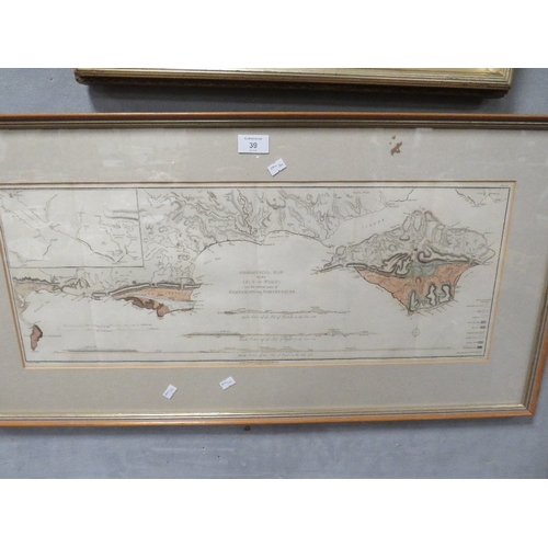 39 - AN 1815 GEOLOGICAL MAP OF THE ISLE OF WIGHT, PUBLISHED BY PAYNE & FOSS, FRAMED AND GLAZED, 85 X 44 C... 