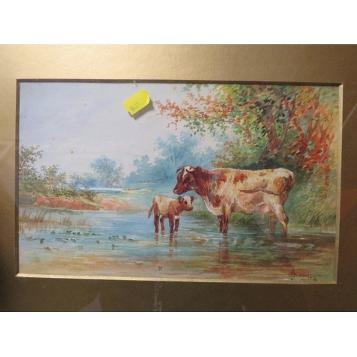 4 - A GILT FRAMED AND GLAZED WATERCOLOUR OF CATTLE IN A STREAM SIGNED LOWER RIGHT 18 X 29 CM