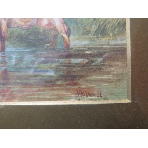 4 - A GILT FRAMED AND GLAZED WATERCOLOUR OF CATTLE IN A STREAM SIGNED LOWER RIGHT 18 X 29 CM