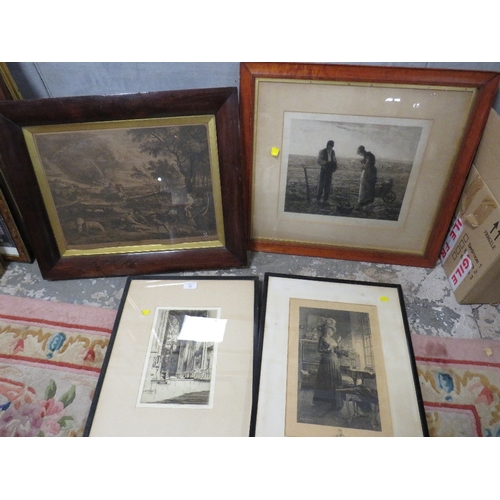 40 - A 19TH CENTURY ROSEWOOD FRAMED ENGRAVING TOGETHER WITH THREE FURTHER PRINTS (4)