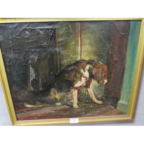 42 - A VINTAGE OIL ON CANVAS INTERIOR SCENE WITH DOG