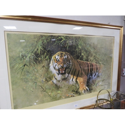 49 - DAVID SHEPHERD - A LARGE FRAMED AND GLAZED PRINT OF A TIGER, SIGNED 64 X 102 CM