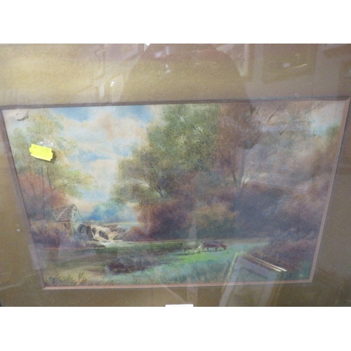 7 - A FRAMED AND GLAZED WATERCOLOUR OF COWS GRAZING IN A FIELD, WATERMILL AND TREES BEYOND SIGNED F. LIN... 