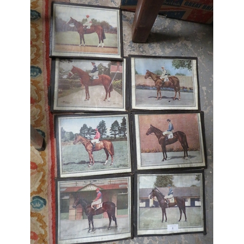 8 - A SET OF SEVEN FRAMED AND GLAZED HORSE RACING PRINTS BY SCHWEPPES, PRODUCED BY BARON STUDIOS