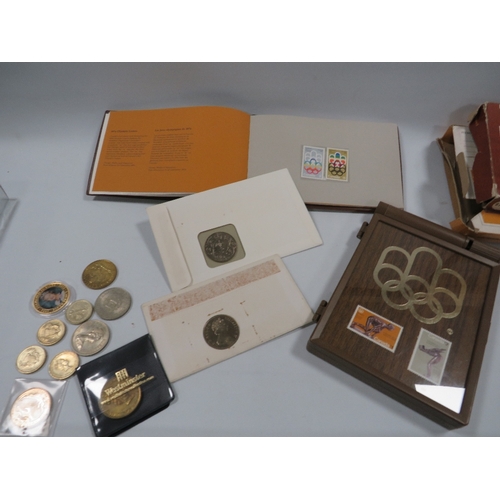 461 - A COLLECTION OF COMMEMORATIVE COINS AND OLYMPIC STAMPS