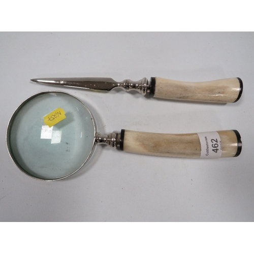 462 - A BONED HANDLE MAGNIFIER GLASS WITH A BONED HANDLED LETTER OPENER