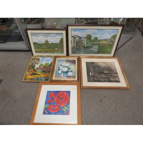 52 - A COLLECTION OF ASSORTED PICTURES AND PRINTS, TO INCLUDE A ROBIN MULLER PRINT, NAIVE OIL, NEEDLEWORK... 