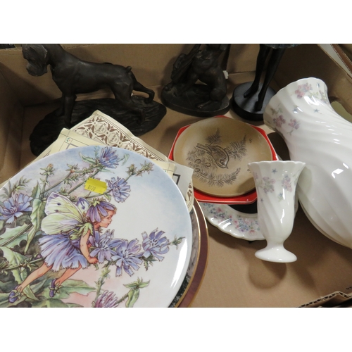 116 - A TRAY OF CERAMICS ETC TO INCLUDE WEDGWOOD, APRIL FLOWERS VASE, HEREDITIES DOG FIGURES, PLATES. TO I... 