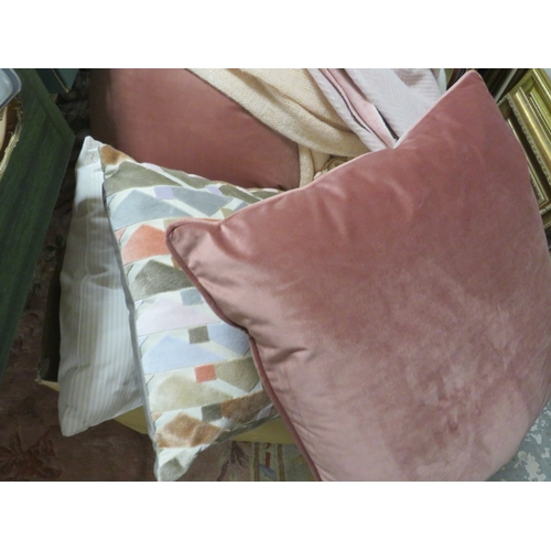 93 - THREE BOXES OF EX SHOW HOME ASSORTED PILLOWS AND CUSHIONS ETC