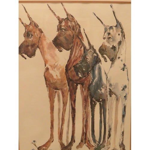 1 - A LARGE FRAMED AND GLAZED PRINT DEPICTING FOUR GREAT DANE DOGS 74 X 54.5 CM