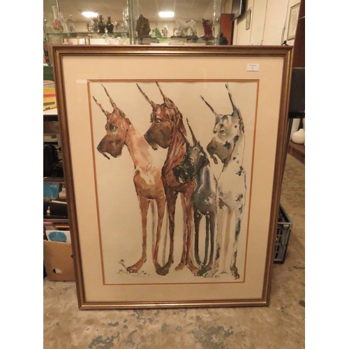 1 - A LARGE FRAMED AND GLAZED PRINT DEPICTING FOUR GREAT DANE DOGS 74 X 54.5 CM