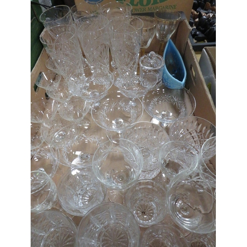 101 - TWO TRAYS OF ASSORTED CRYSTAL AND CUT GLASS TO INCLUDE A VINTAGE ETCHED SCHWEPPES SODA SYPHON