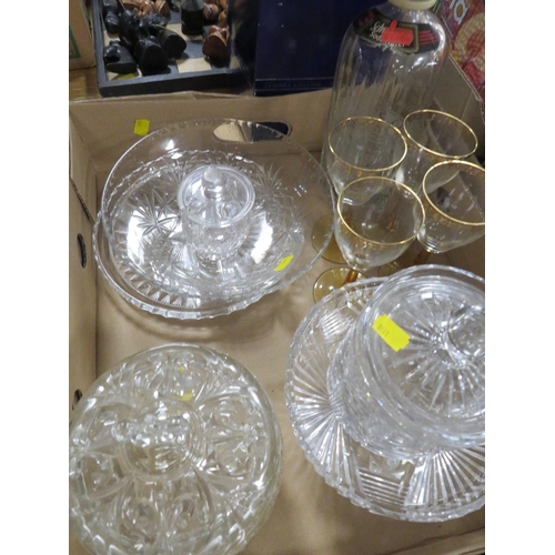 101 - TWO TRAYS OF ASSORTED CRYSTAL AND CUT GLASS TO INCLUDE A VINTAGE ETCHED SCHWEPPES SODA SYPHON