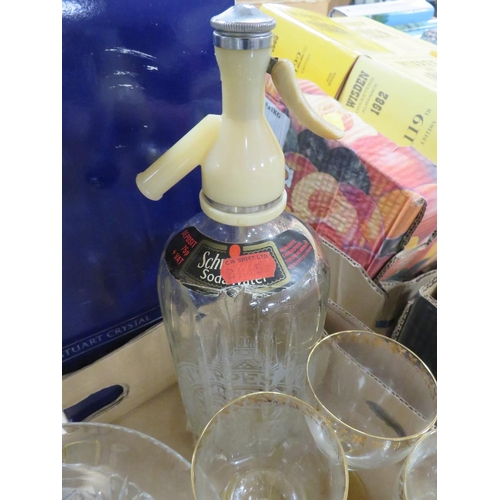 101 - TWO TRAYS OF ASSORTED CRYSTAL AND CUT GLASS TO INCLUDE A VINTAGE ETCHED SCHWEPPES SODA SYPHON