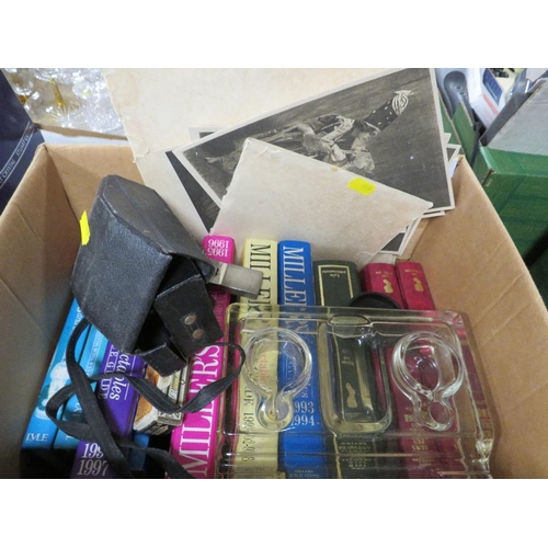 104 - A SMALL BOX OF SUNDRIES TO INCLUDE A PRESSED GLASS DESK STAND , THEATRICAL PICTURES ETC