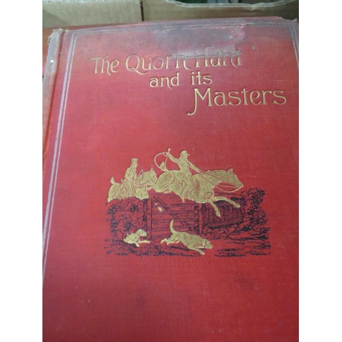 105 - A TRAY OF ANTIQUE HUNTING BOOKS TO INCLUDE THE QUORN HUNT AND ITS MASTERS AND JOHN LEECH ILLUSTRATED... 