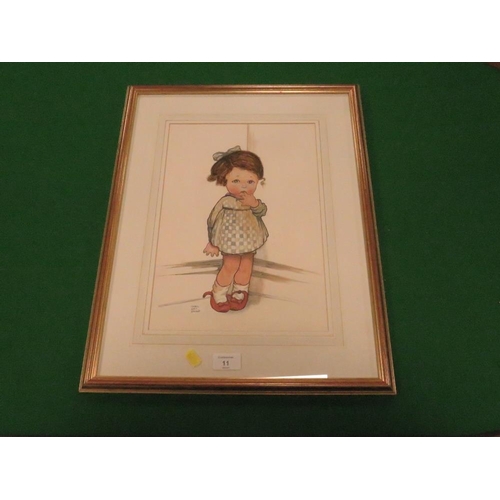 11 - A MABEL LUCY ATTWELL COLOURED SKETCH, FRAMED AND GLAZED, 36.5 x 26 cm TOGETHER WITH A LOWRY FRAMED P... 