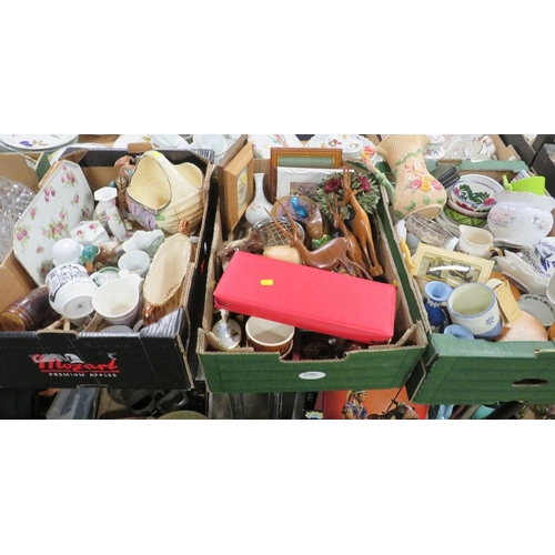 119 - THREE TRAYS OF CERAMICS ETC TO INCLUDE JUGS, STORAGE JARS ETC