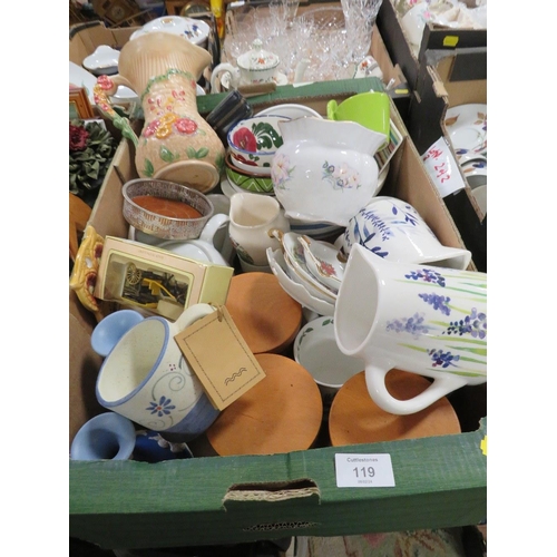 119 - THREE TRAYS OF CERAMICS ETC TO INCLUDE JUGS, STORAGE JARS ETC