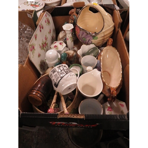 119 - THREE TRAYS OF CERAMICS ETC TO INCLUDE JUGS, STORAGE JARS ETC