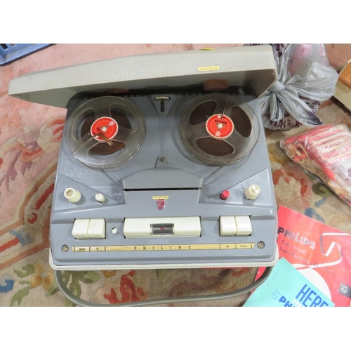 122 - A CASED PORTABLE PHILLIPS REEL TO REEL TOGETHER WITH A BOX OF VINTAGE HAIR CURLERS