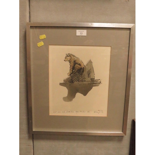 13 - A HAROLD RILEY SKETCH OF A LION CUB, FRAMED AND GLAZED