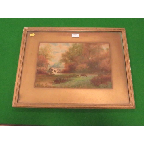 14 - A FRAMED AND GLAZED WATERCOLOUR OF COWS GRAZING IN A FIELD, WATER MILL AND TREES BEYOND SIGNED F. LI... 