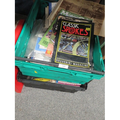 140 - TWO TRAYS OF EPHEMERA TO INCLUDE VINTAGE MOTOR CYCLE MAGAZINES TOGETHER WITH A SMALL QUANTITY OF LP ... 