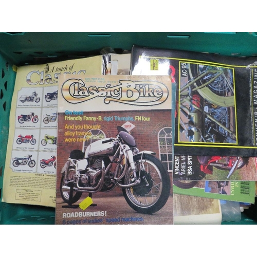 140 - TWO TRAYS OF EPHEMERA TO INCLUDE VINTAGE MOTOR CYCLE MAGAZINES TOGETHER WITH A SMALL QUANTITY OF LP ... 