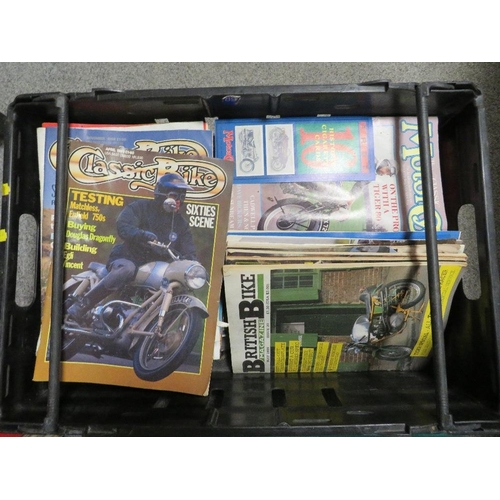 140 - TWO TRAYS OF EPHEMERA TO INCLUDE VINTAGE MOTOR CYCLE MAGAZINES TOGETHER WITH A SMALL QUANTITY OF LP ... 