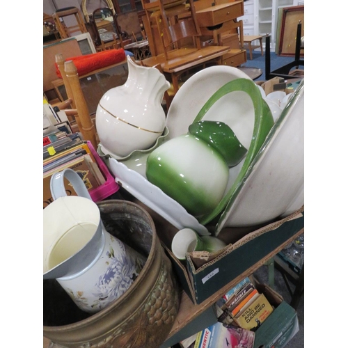 144 - A TRAY OF LARGE CERAMICS TO INCLUDE JUG AND BOWLS SETS A/F