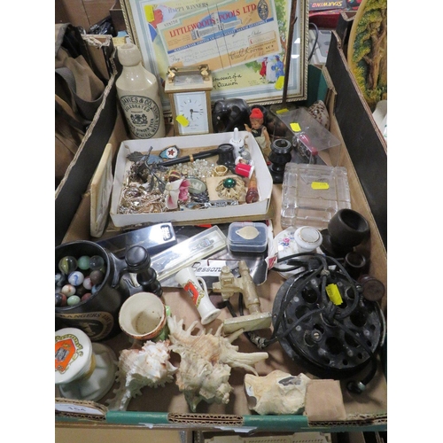 154 - THREE TRAYS OF COLLECTABLES TO INCLUDE CERAMICS, CARRIAGE CLOCK ETC