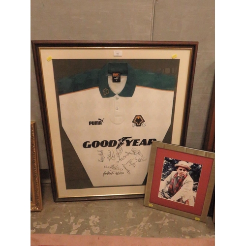 16 - A FRAMED WOLVERHAMPTON WANDERERS SIGNED FOOTBALL CLUB SHIRT WITH A SIGNED SYLVESTER McCOY PHOTOGRAPH... 