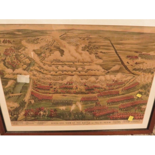 32 - FOUR LARGE MILITARY COLOURED PRINTS TO INC BIRDS EYE VIEW OF THE BATTLE OF TEL EL KEBIR (4)