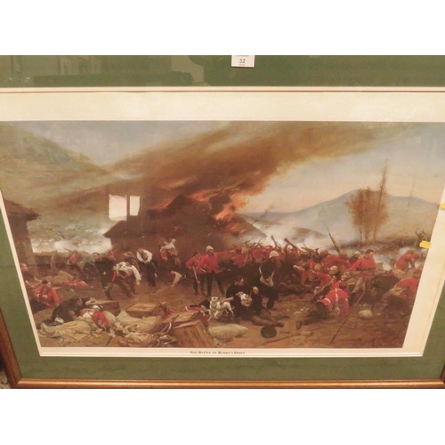 32 - FOUR LARGE MILITARY COLOURED PRINTS TO INC BIRDS EYE VIEW OF THE BATTLE OF TEL EL KEBIR (4)