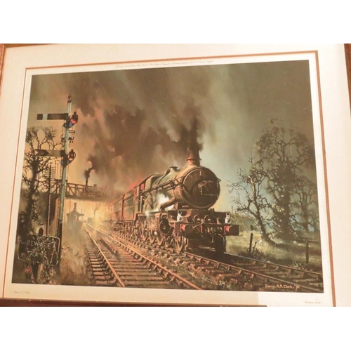 33 - A LARGE BARRIE CLARK LOCOMOTIVE PRINT AND TWO FURTHER PRINTS (3)