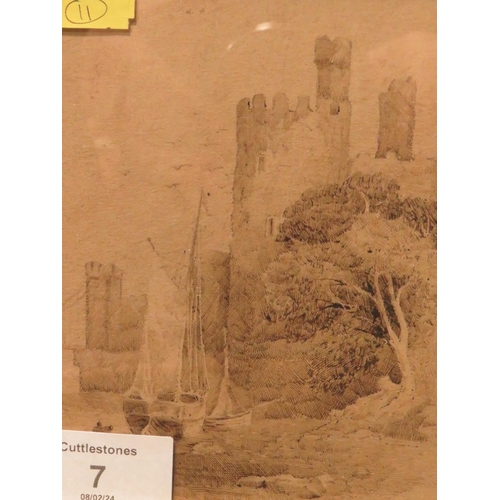 7 - A. CLOUGH 1903 PEN INK AND WASH OF CONWAY CASTLE