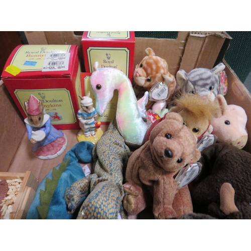 74 - A TRAY OF ASSORTED COLLECTABLES TO INCLUDE A BOXED 'STEIFF' WRISTWATCH, TWO BOXED BUNNYKINS FIGURES ... 