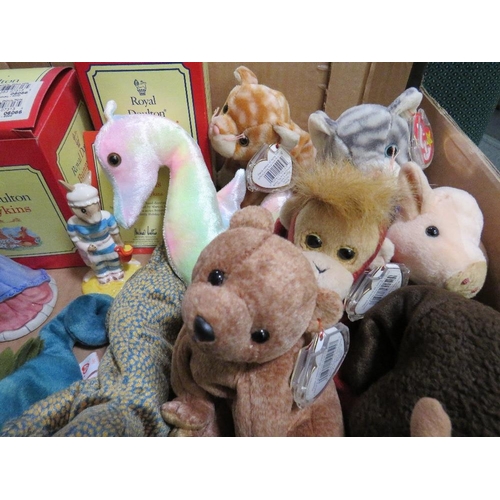 74 - A TRAY OF ASSORTED COLLECTABLES TO INCLUDE A BOXED 'STEIFF' WRISTWATCH, TWO BOXED BUNNYKINS FIGURES ... 