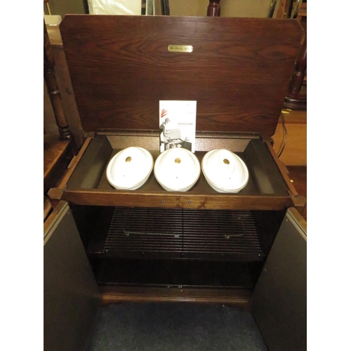 790 - A REPRODUCTION OAK 'BURLEY BUTLER' HEATED SIDEBOARD WITH ROYAL WORCESTER TUREENS,TOGETHER WITH AN OA... 